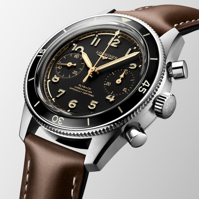 Longines Spirit Pilot Flyback Chronograph 39.5mm Mens Watch Leather Black