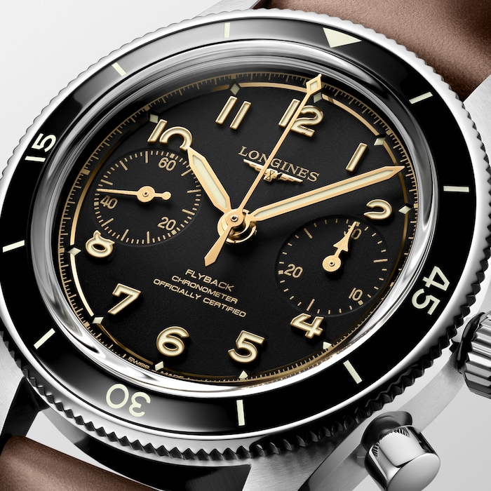 Longines Spirit Pilot Flyback Chronograph 39.5mm Mens Watch Leather Black