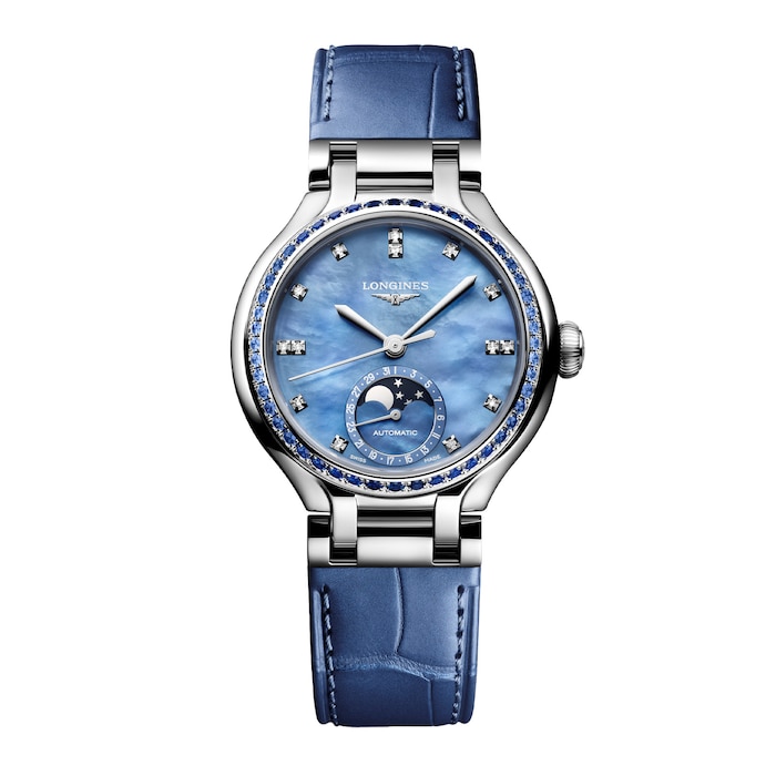 Longines PrimaLuna 34mm Ladies Watch Blue Leather Strap