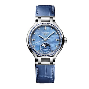 Longines PrimaLuna 34mm Ladies Watch Blue Leather Strap