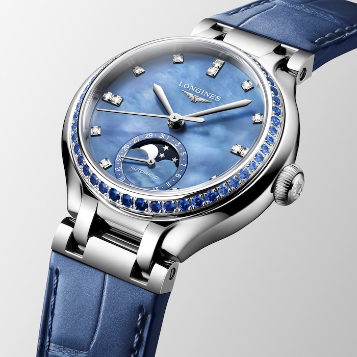 Longines PrimaLuna 34mm Ladies Watch Blue Leather Strap