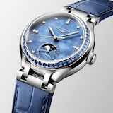 Longines PrimaLuna 34mm Ladies Watch Blue Leather Strap