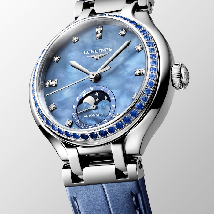 Longines PrimaLuna 34mm Ladies Watch Blue Leather Strap