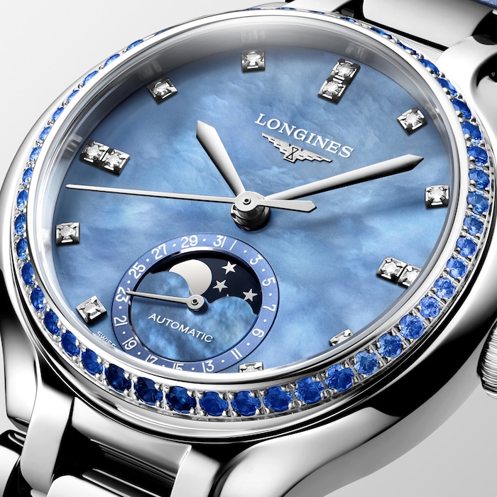 Longines PrimaLuna 34mm Ladies Watch Blue Leather Strap