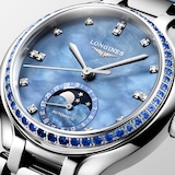 Longines PrimaLuna 34mm Ladies Watch Blue Leather Strap