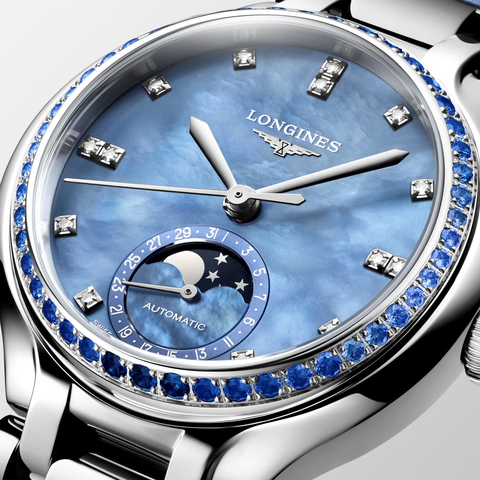 Longines PrimaLuna 34mm Ladies Watch Blue Leather Strap
