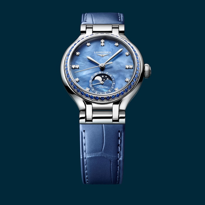 Longines PrimaLuna 34mm Ladies Watch Blue Leather Strap