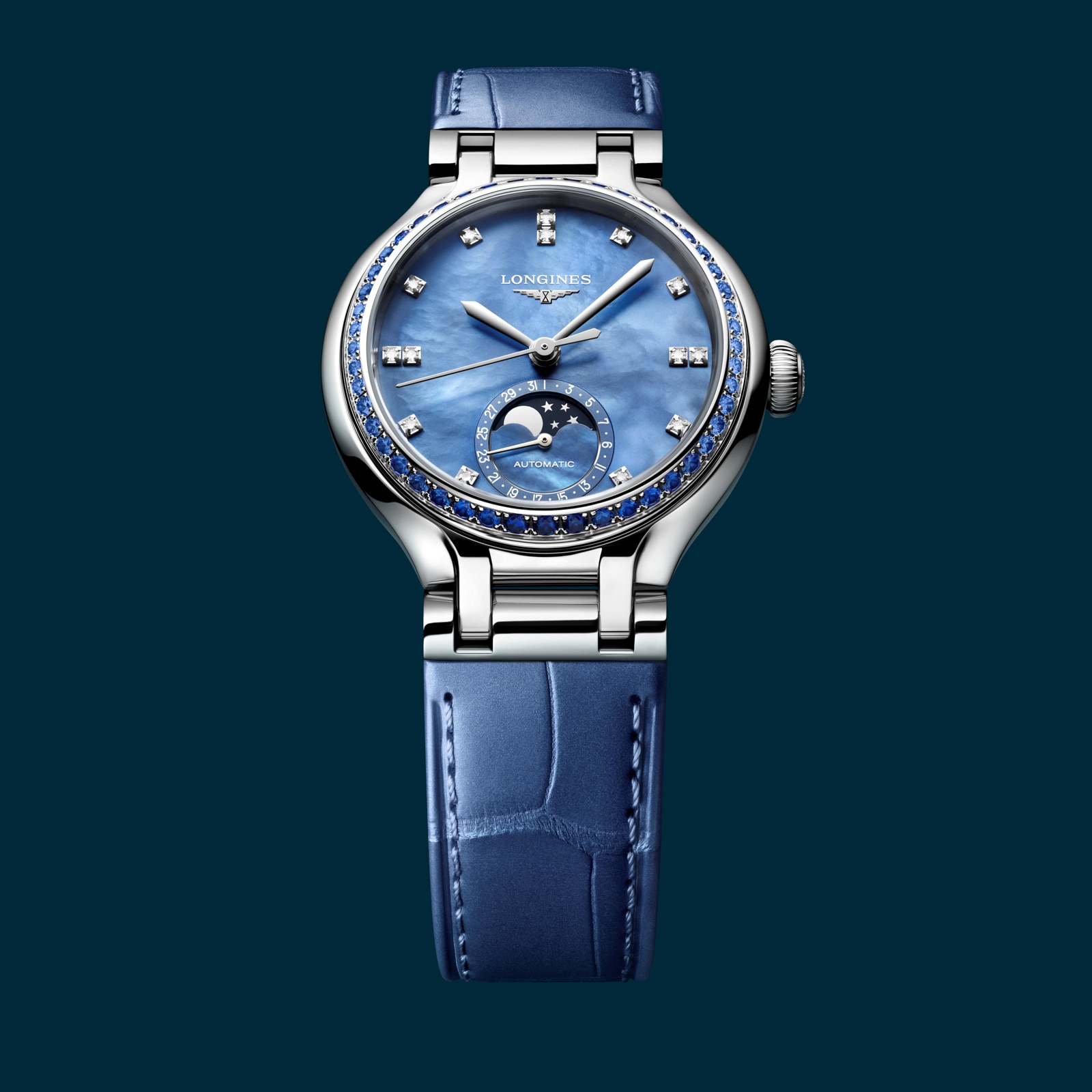 Longines PrimaLuna 34mm Ladies Watch Blue Leather Strap