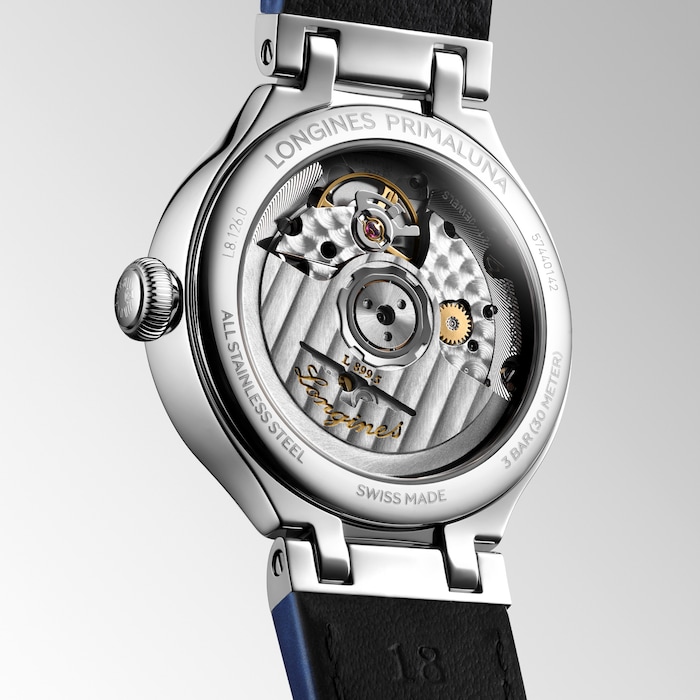 Longines PrimaLuna 34mm Ladies Watch Blue Leather Strap