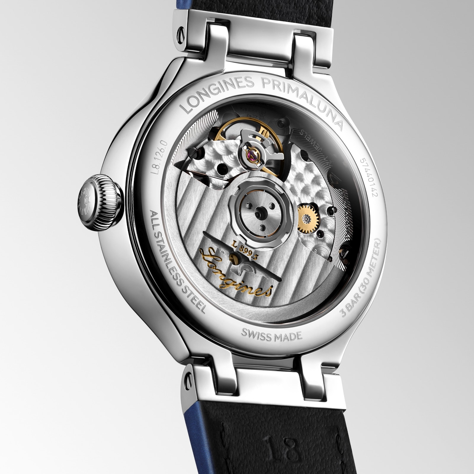 Longines PrimaLuna 34mm Ladies Watch Blue Leather Strap