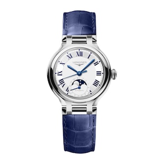 Longines PrimaLuna Moonphase Automatic 34mm Ladies Watch Blue Alligator