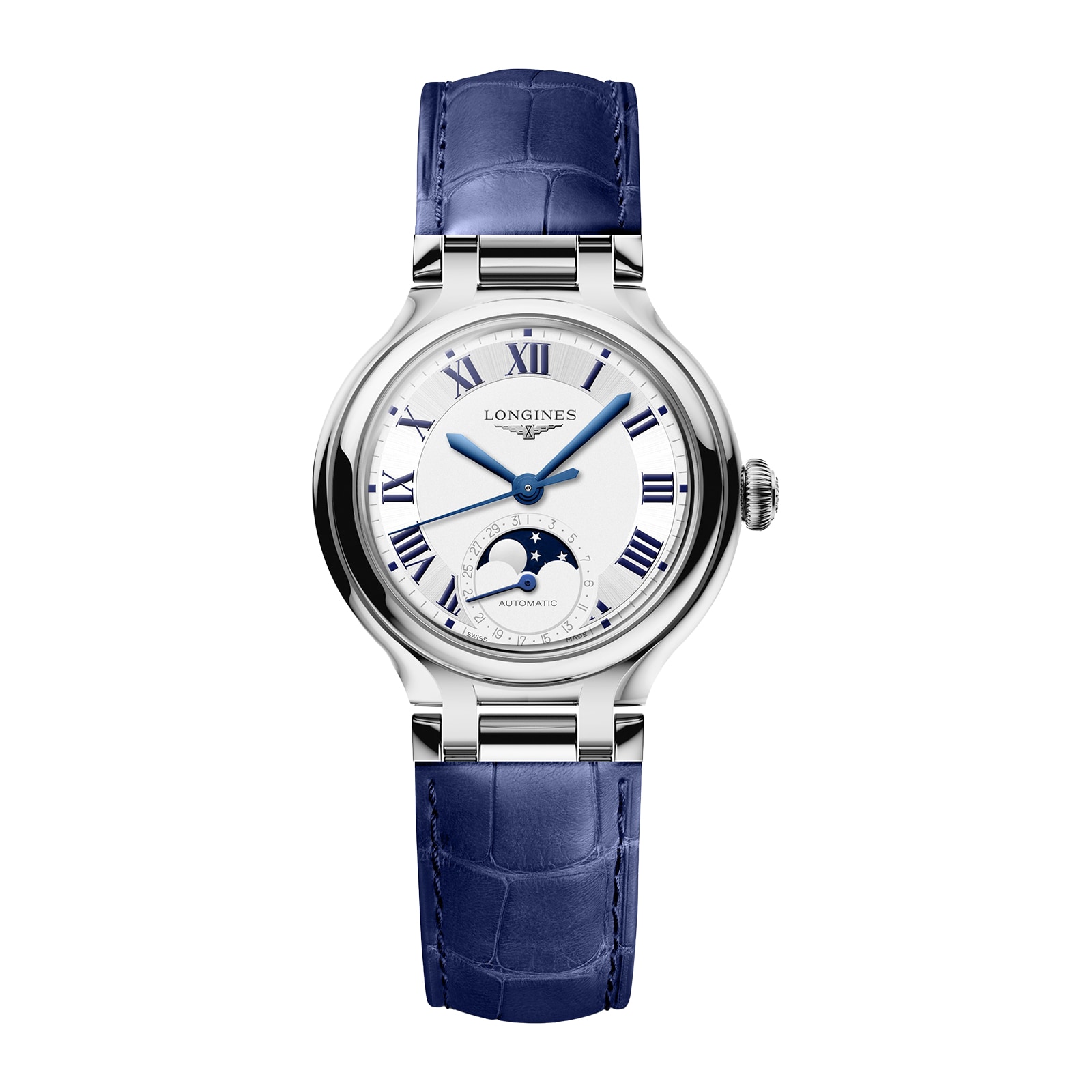 Longines PrimaLuna Moonphase Automatic 34mm Ladies Watch Blue Alligator