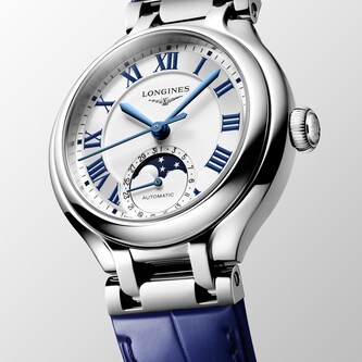 Longines PrimaLuna Moonphase Automatic 34mm Ladies Watch Blue Alligator
