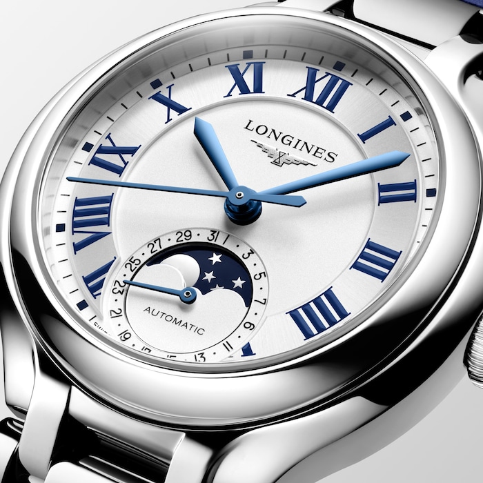 Longines PrimaLuna Moonphase Automatic 34mm Ladies Watch Blue Alligator