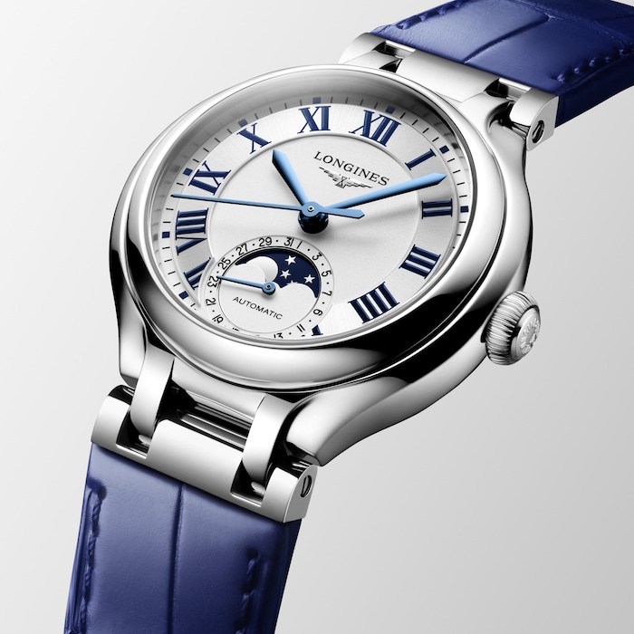 Longines PrimaLuna Moonphase Automatic 34mm Ladies Watch Blue Alligator