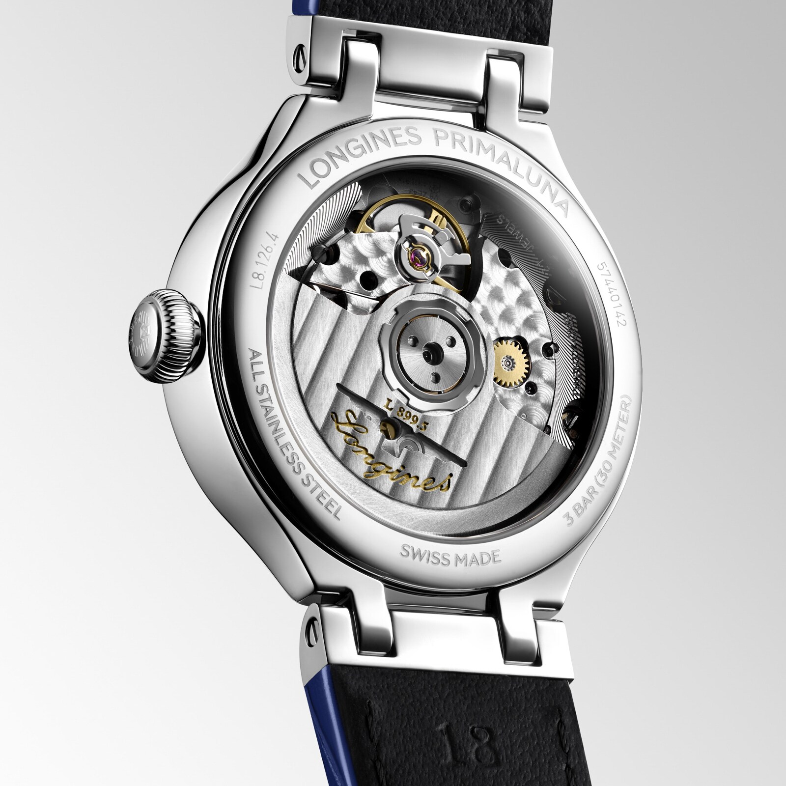 Longines PrimaLuna Moonphase Automatic 34mm Ladies Watch Blue Alligator
