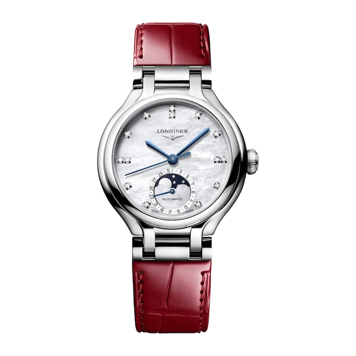 Longines PrimaLuna Moonphase Automatic 34mm Ladies Watch Red Alligator