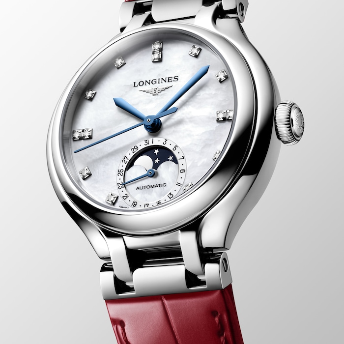 Longines PrimaLuna Moonphase Automatic 34mm Ladies Watch Red Alligator