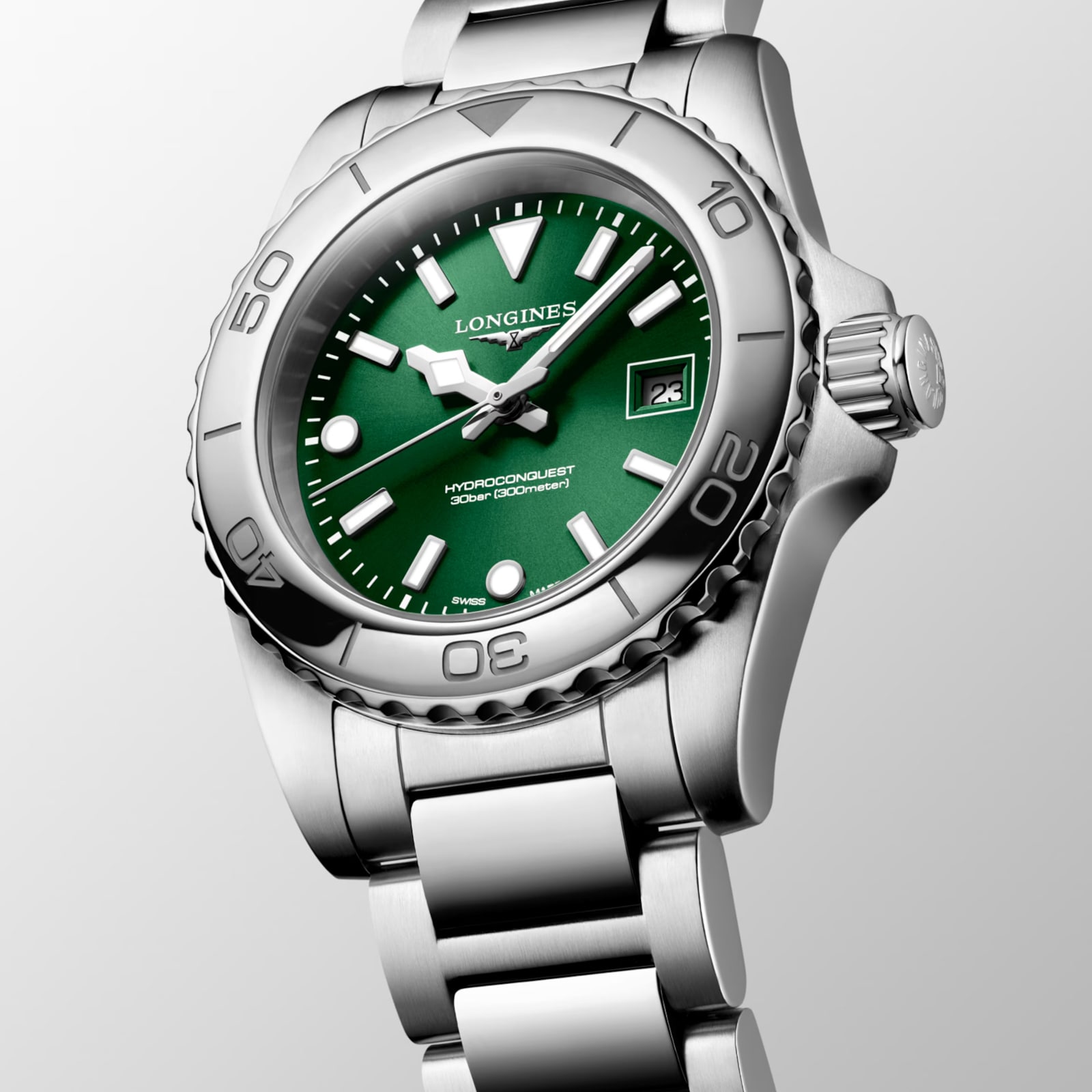 Longines Hydroconquest 30mm Quartz Ladies Watch Green Dial Stainless Steel Bracelet