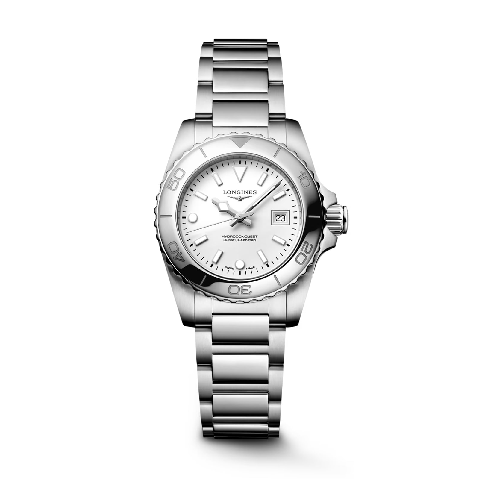 Longines Hydroconquest 30mm Quartz Ladies Watch White Dial Stainless Steel Bracelet