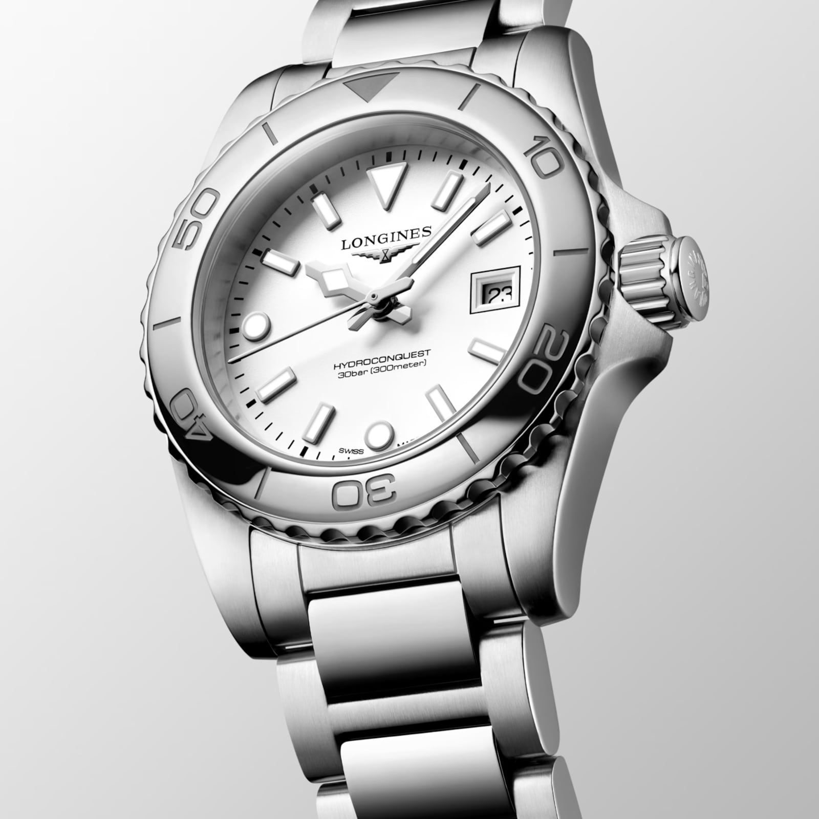 Longines Hydroconquest 30mm Quartz Ladies Watch White Dial Stainless Steel Bracelet