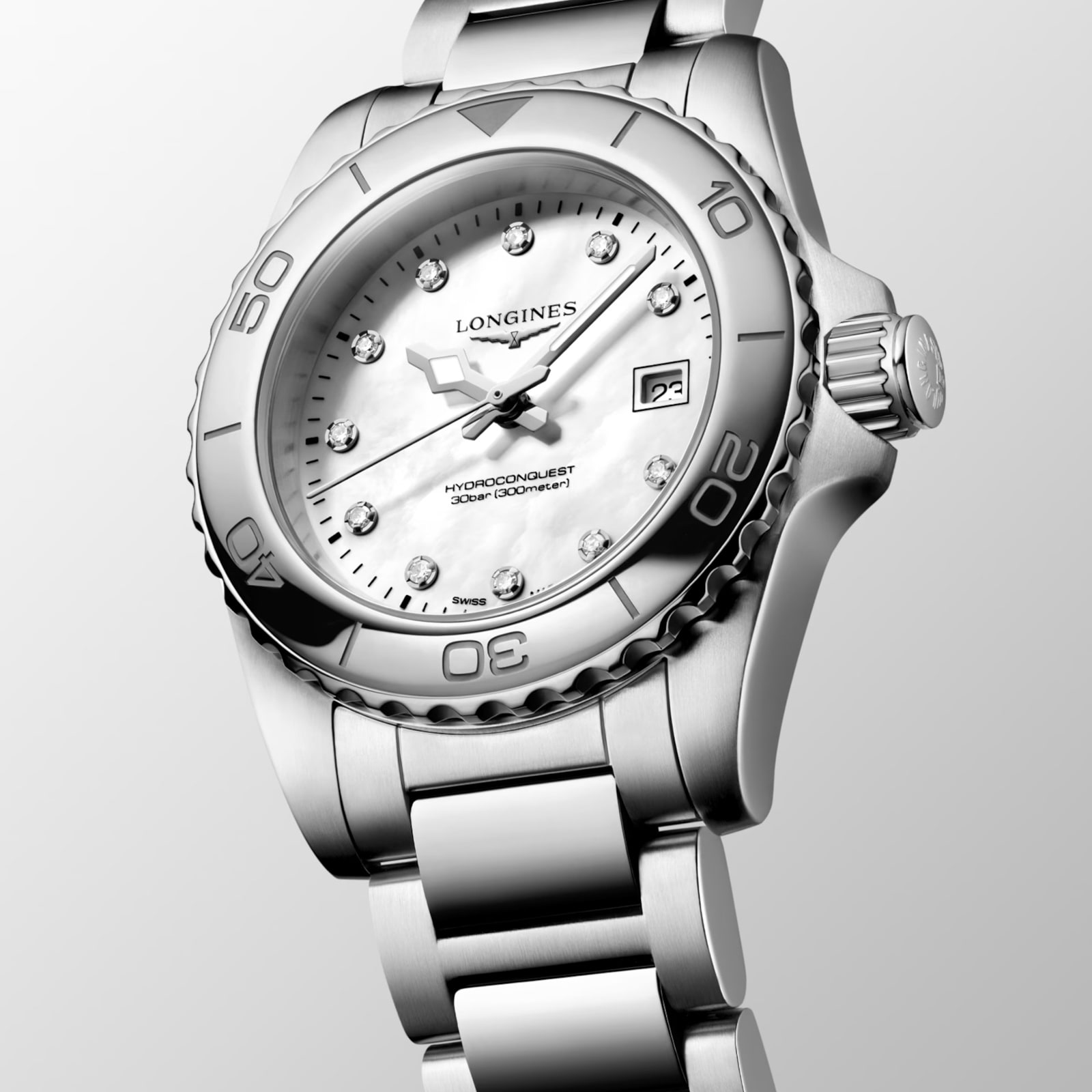 Longines Hydroconquest 30mm Quartz Ladies Watch Mother of Pearl Dial Stainless Steel Bracelet