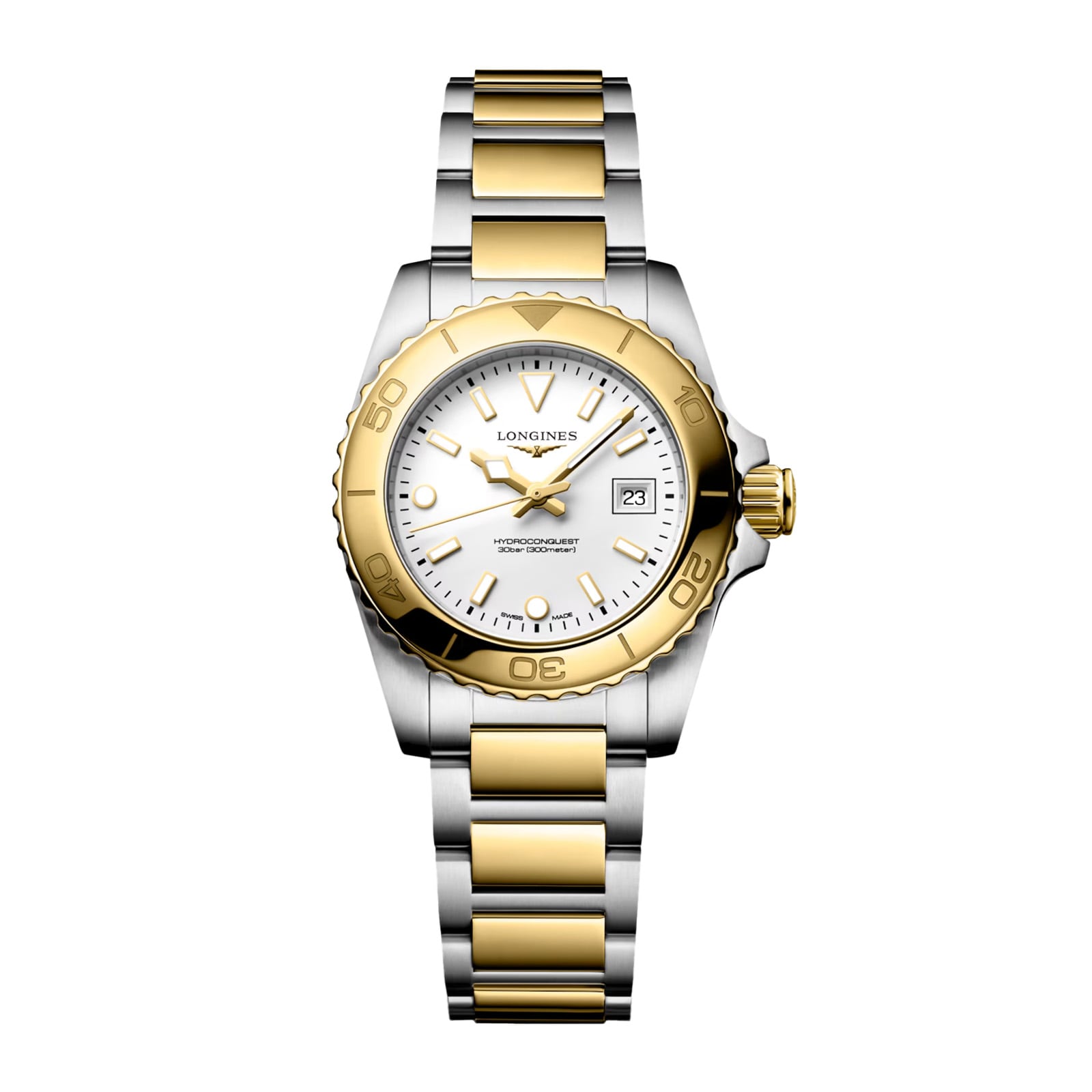 Longines Hydroconquest Quartz 30mm Ladies Watch White Dial Stainless Steel and Yellow PVD Coating Bracelet Longines Hydroconquest Quartz 30mm Ladies Watch White Dial Stainless Steel and Yellow PVD Coating Bracelet