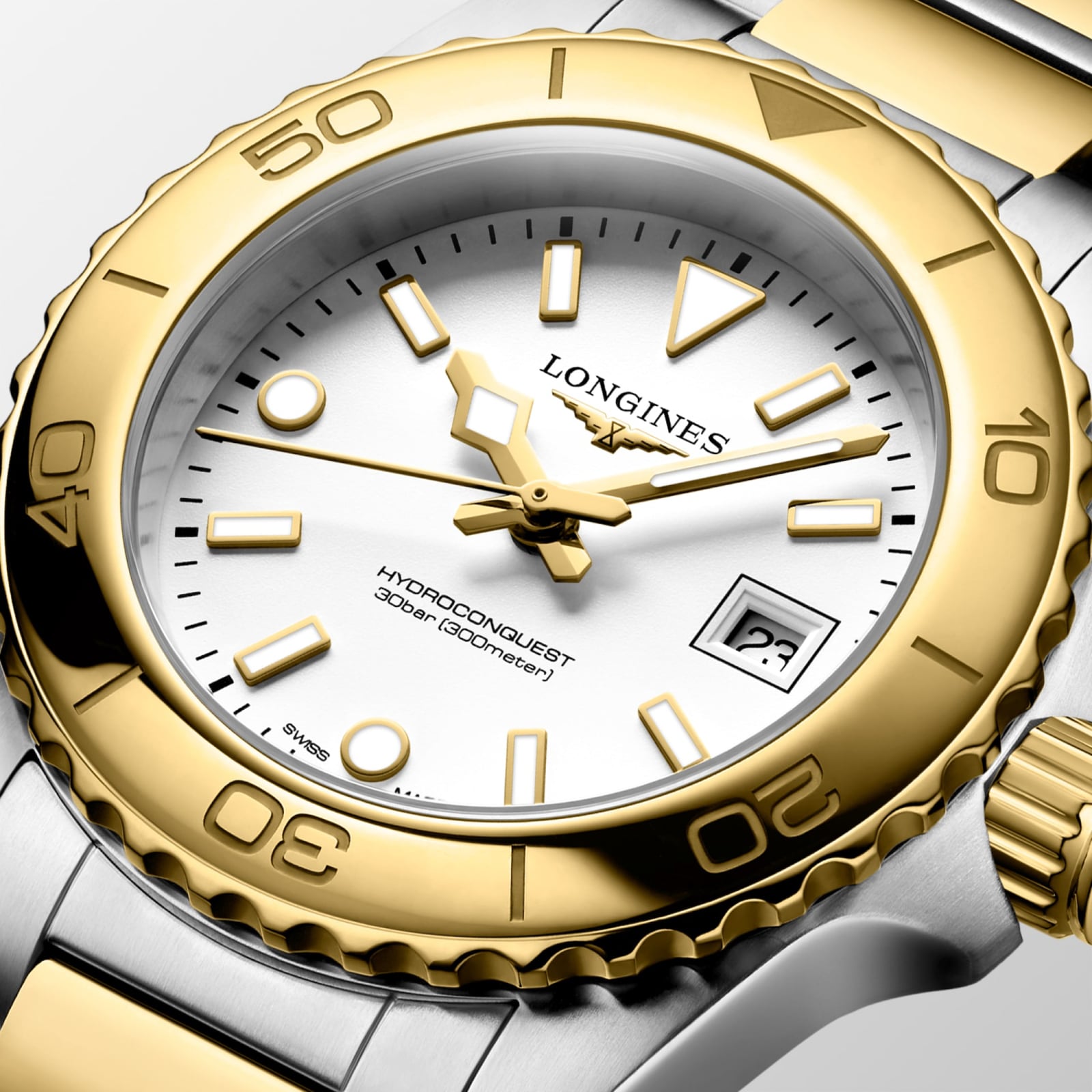 Longines Hydroconquest Quartz 30mm Ladies Watch White Dial Stainless Steel and Yellow PVD Coating Bracelet Longines Hydroconquest Quartz 30mm Ladies Watch White Dial Stainless Steel and Yellow PVD Coating Bracelet