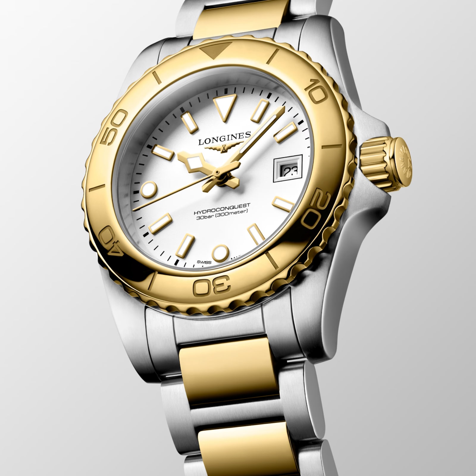 Longines Hydroconquest Quartz 30mm Ladies Watch White Dial Stainless Steel and Yellow PVD Coating Bracelet Longines Hydroconquest Quartz 30mm Ladies Watch White Dial Stainless Steel and Yellow PVD Coating Bracelet