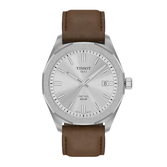 Tissot PRC 100 Solar Quartz 39mm Mens Watch Silver Leather