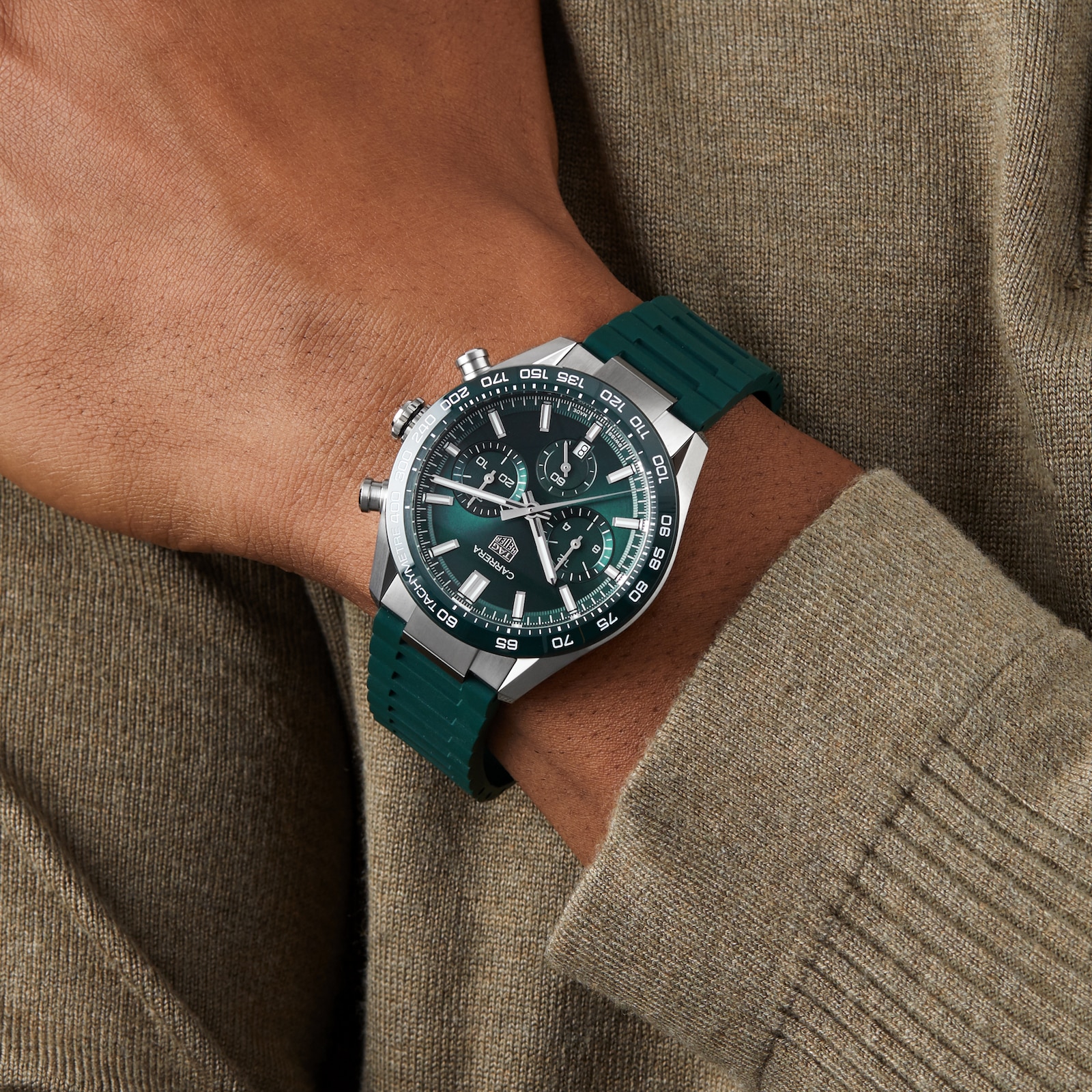 TAG Heuer Carrera Chronograph 44mm Mens Watch Green Rubber