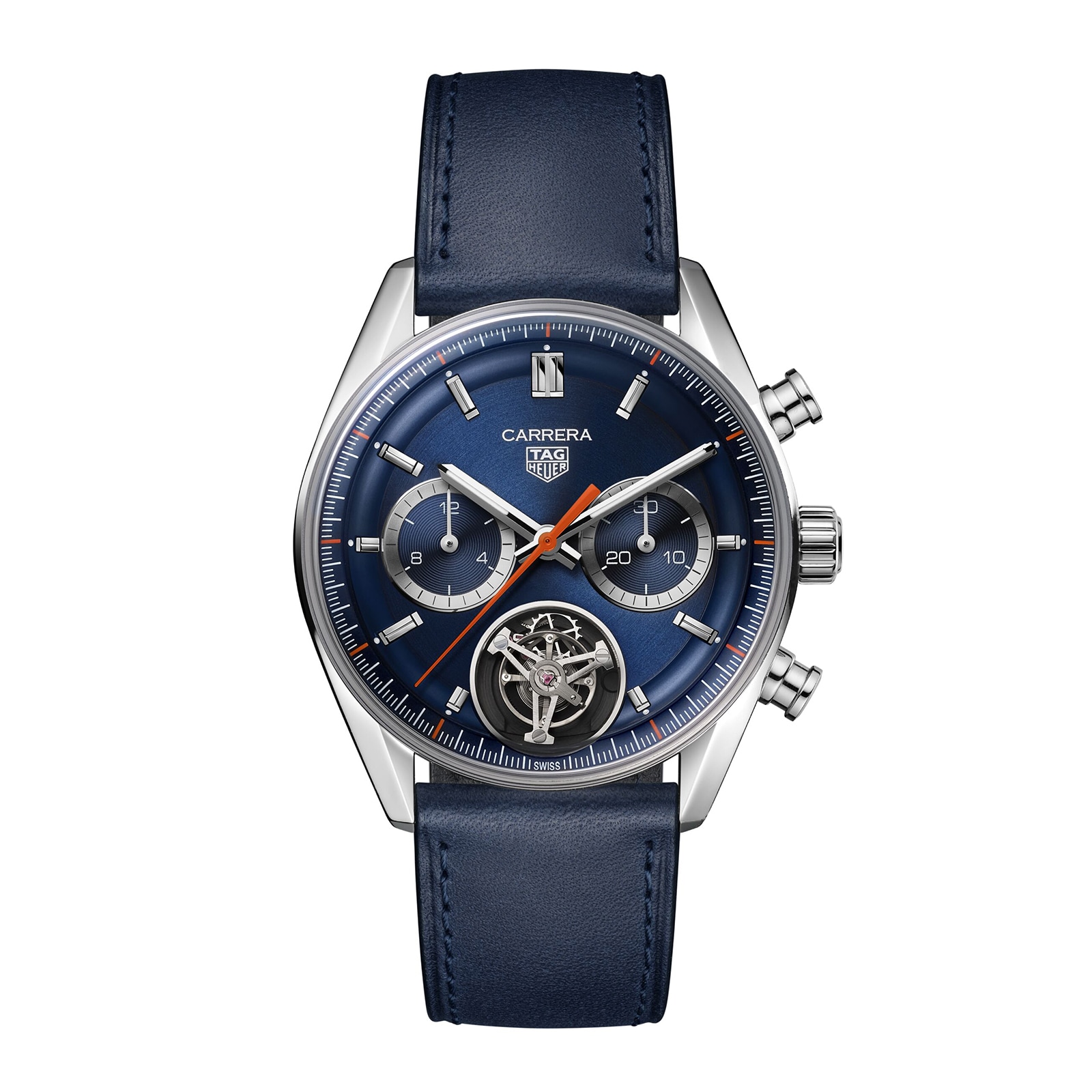Tag Heuer Carrera Chronograph Tourbillon 42mm Watch - Blue Dial - Blue Leather Band - Steel Case