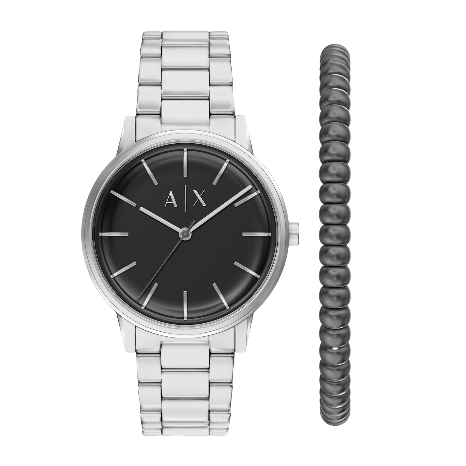 Armani Exchange Mens Cayde Silver Watch &amp; Black Beaded Bracelet Set AX7182SET
