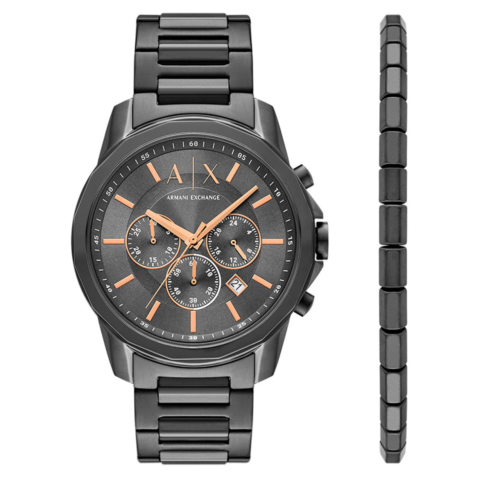 Armani Exchange Banks Chronograph Gunmetal Stainless Steel Watch and Bracelet Gift Set