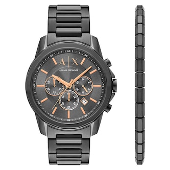 Armani Exchange Banks Chronograph Gunmetal Stainless Steel Watch and Bracelet Gift Set