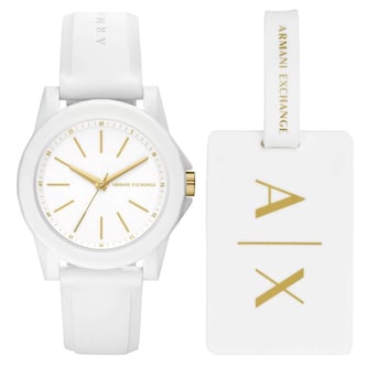 Armani Exchange Lady BanksThree-Hand White Silicone Watch and Luggage Tag Gift Set