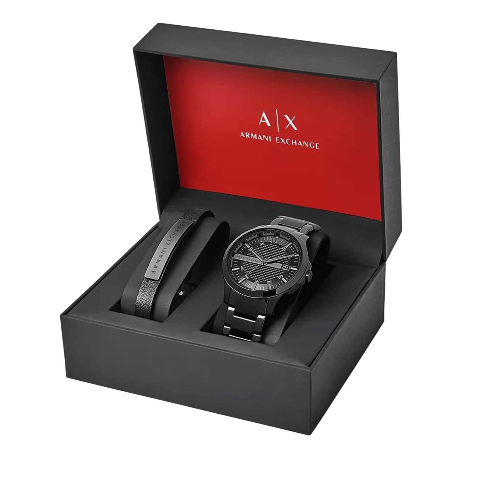 Armani Exchange Three-Hand Date Black Stainless Steel Watch and Bracelet Gift Set