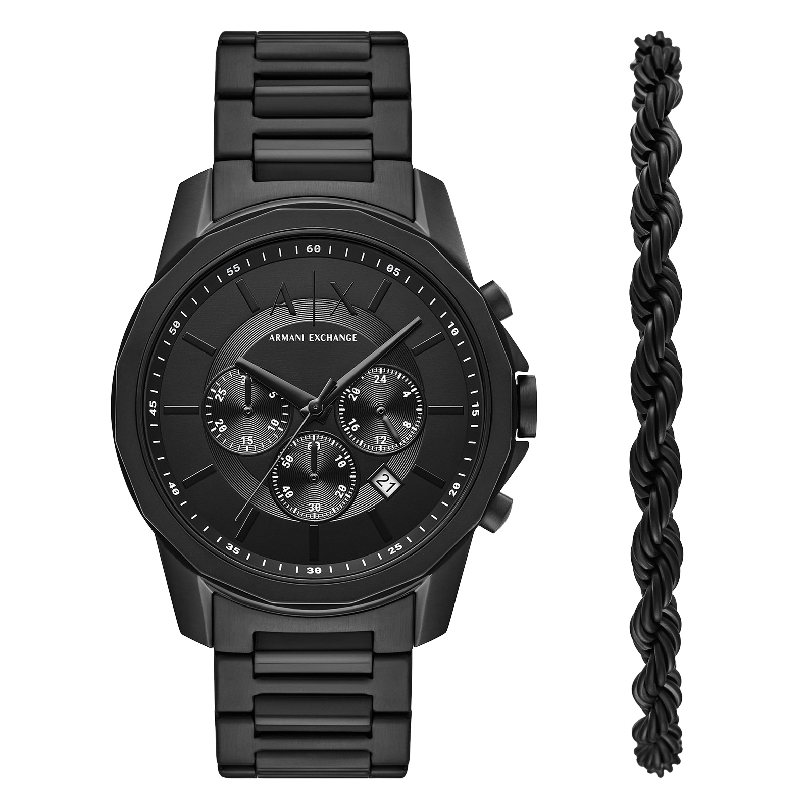 Armani Exchange Chronograph Black Stainless Steel Watch and Bracelet Set Armani Exchange Chronograph Black Stainless Steel Watch and Bracelet Set