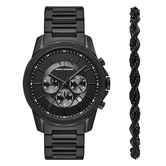 Armani Exchange Banks Chronograph Black Stainless Steel Watch and Bracelet Set