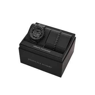 Armani Exchange Chronograph Black Stainless Steel Watch and Bracelet Set