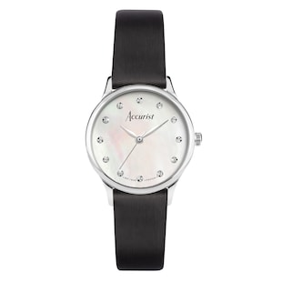 Accurist Dress Diamond 28mm Ladies Black Leather Strap Watch Mother Of Pearl
