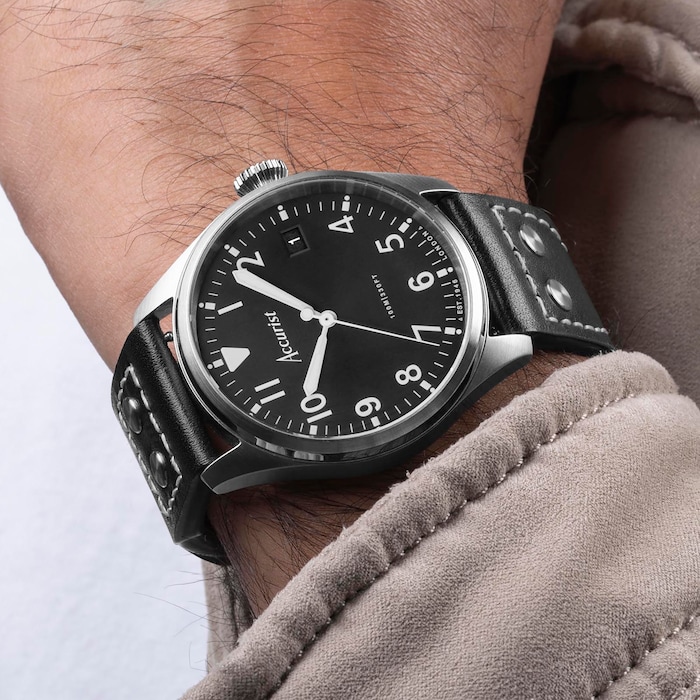 Accurist Aviation Black Leather Strap 41mm Watch