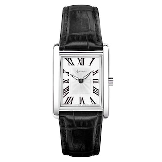 Accurist Rectangle Black Leather White Dial Ladies Watch