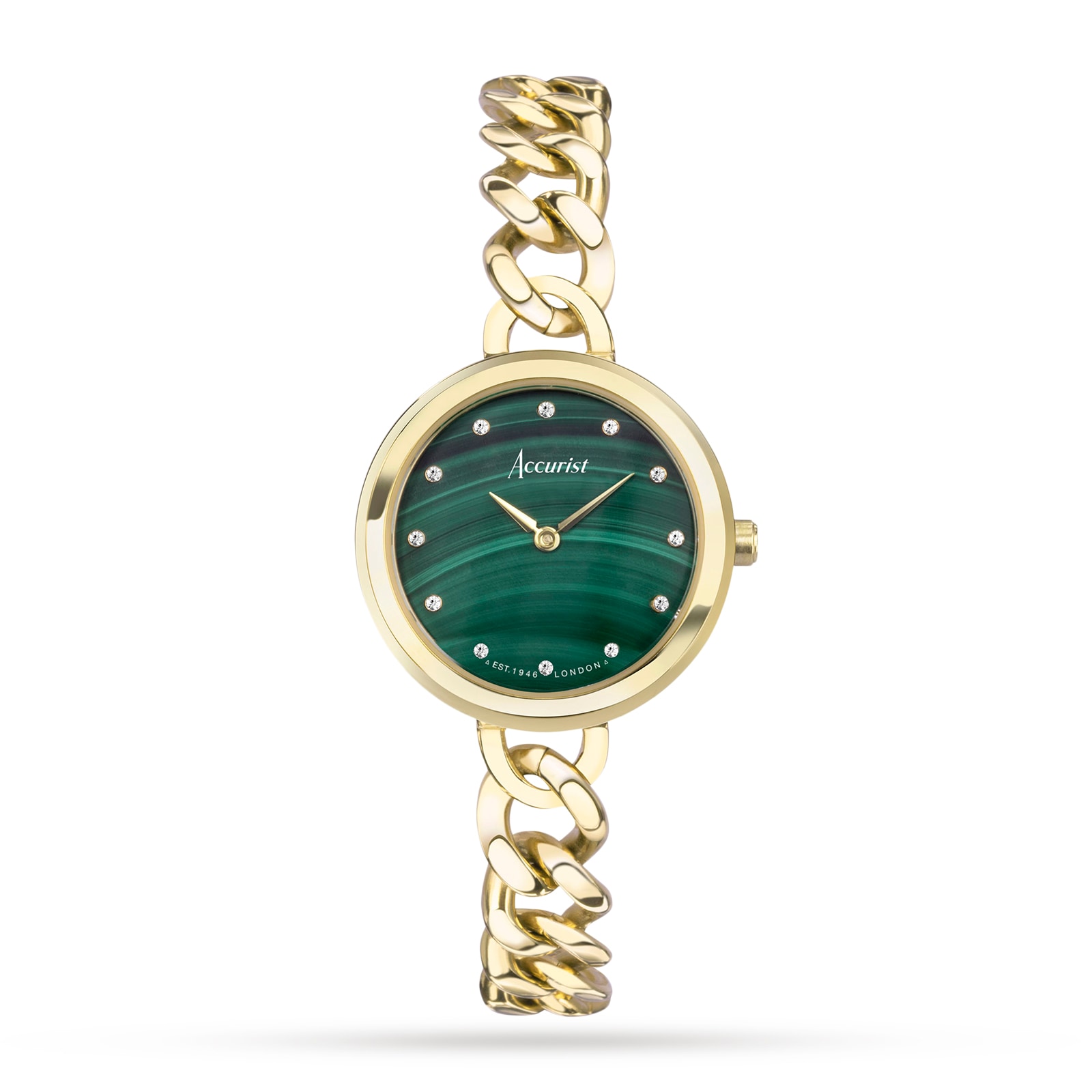 ladies green dial watch with gold plated chain link bracelet