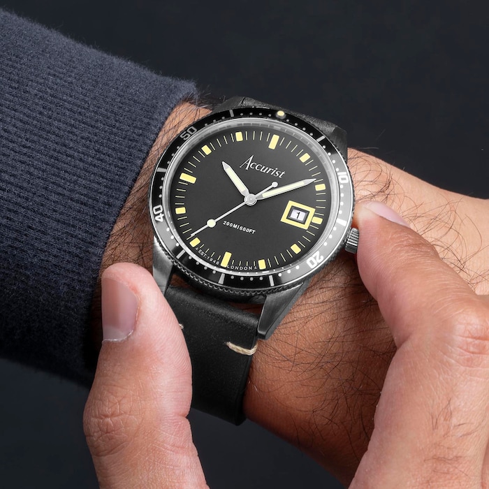 Accurist Dive Black Leather Strap 42mm Watch