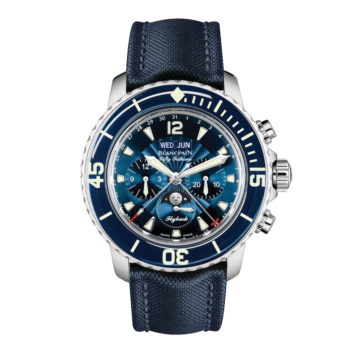 Blancpain Fifty Fathoms Chronographe Flyback Quantieme Complet 45mm Mens Watch Blue