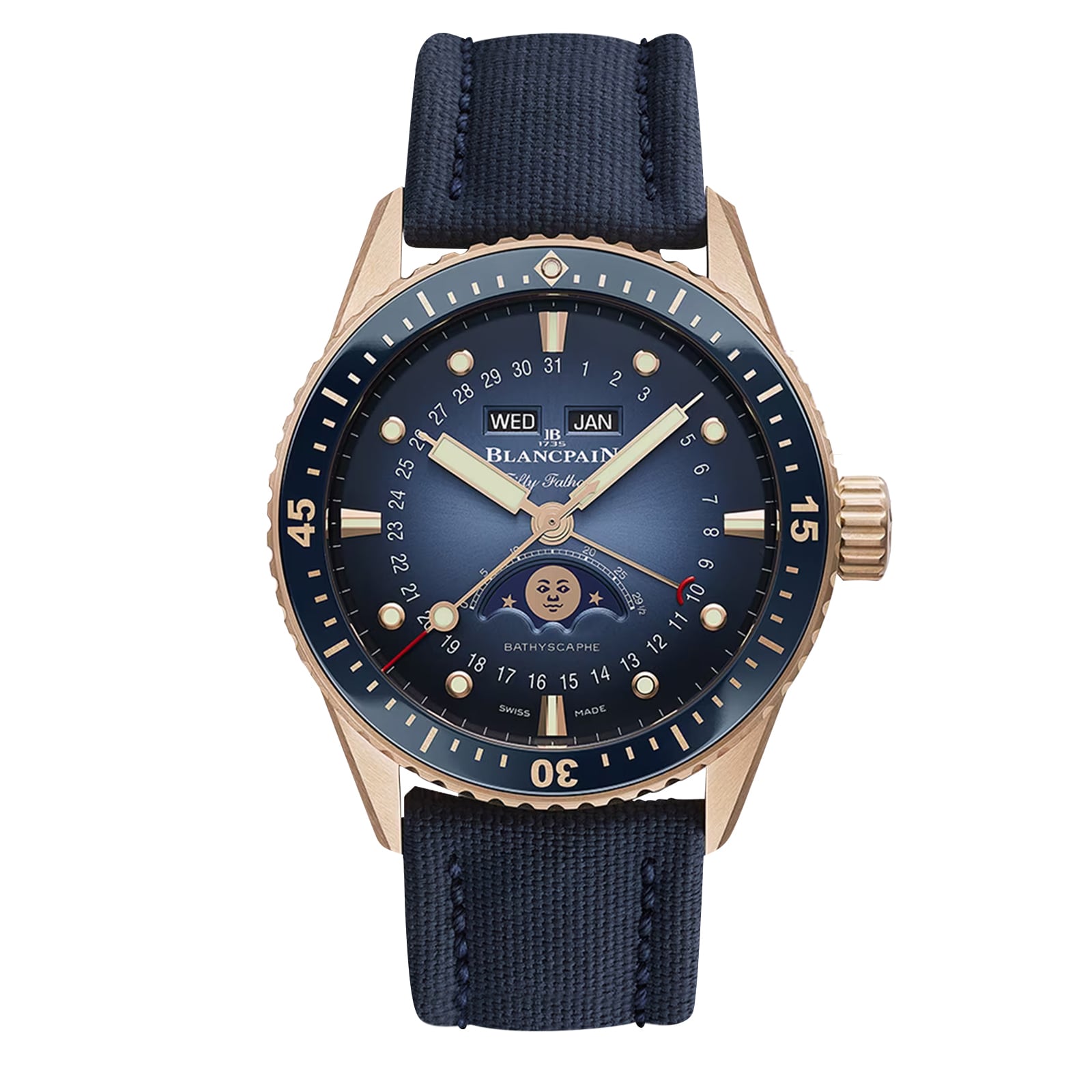 Blancpain Fifty Fathoms Bathyscaphe Quantieme Complet Phases de Lune 43mm Mens Watch Blue
