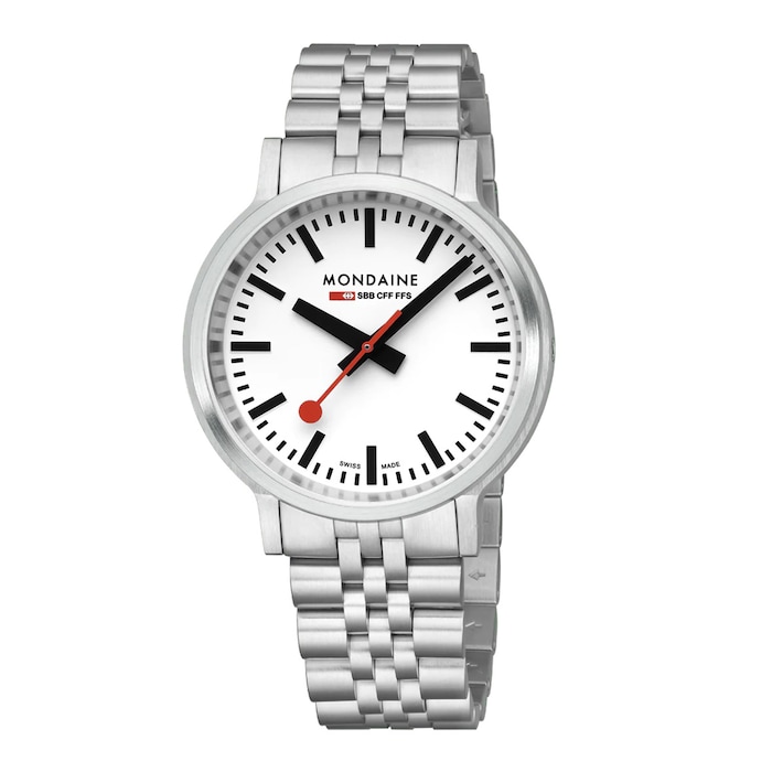 Mondaine Stop2Go 41mm Mens Watch White Stainless Steel