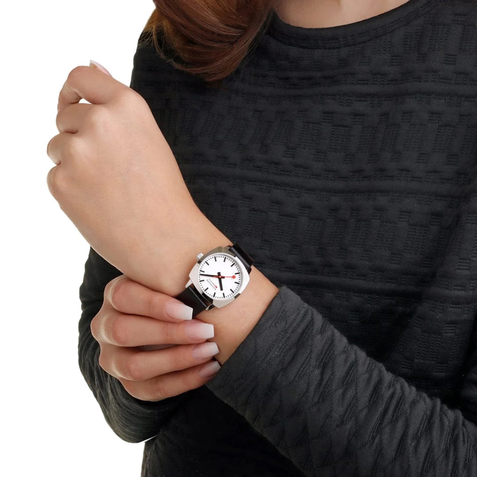 Mondaine Petite Cushion 31mm Ladies Watch White Black Strap MSL.31110.LBV Watches Of Switzerland UK