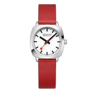 Mondaine Petite Cushion 31mm Ladies Watch White Red Strap